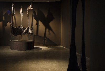  Clodagh Emoe: background: Azimuth, wood, sackcloth, wax, wood stain, graphite; foreground: Approach, woollen fabric, silk, 4.2m x 2.3m, installation shot, Project, 2009/10; courtesy the artist